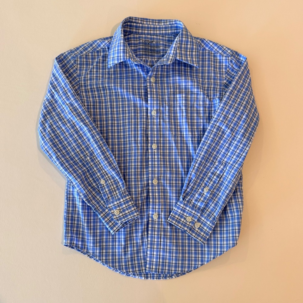 Cat & Jack Boys Blue White Plaid Button Down Shirt XS 4/5 Preppy School Classic